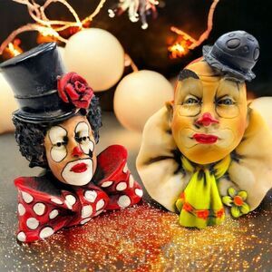 Vintage Artefice Ottanta Clowns Italian Clowns Lot of 2 Hand Painted 2.5” Tall